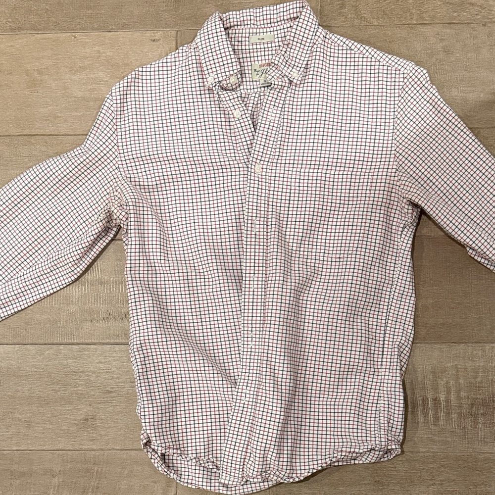 J. Crew White Button-Down Shirt with Red Grid (Slim Small)